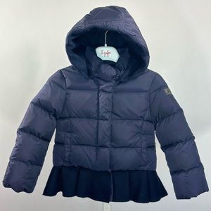 IL GUFO - Navy Blue Down Hooded Puffer Jacket with Ruffled Trim. 3 Years